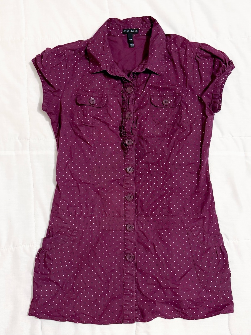 Fang burgundy polka dot short sleeve button down top